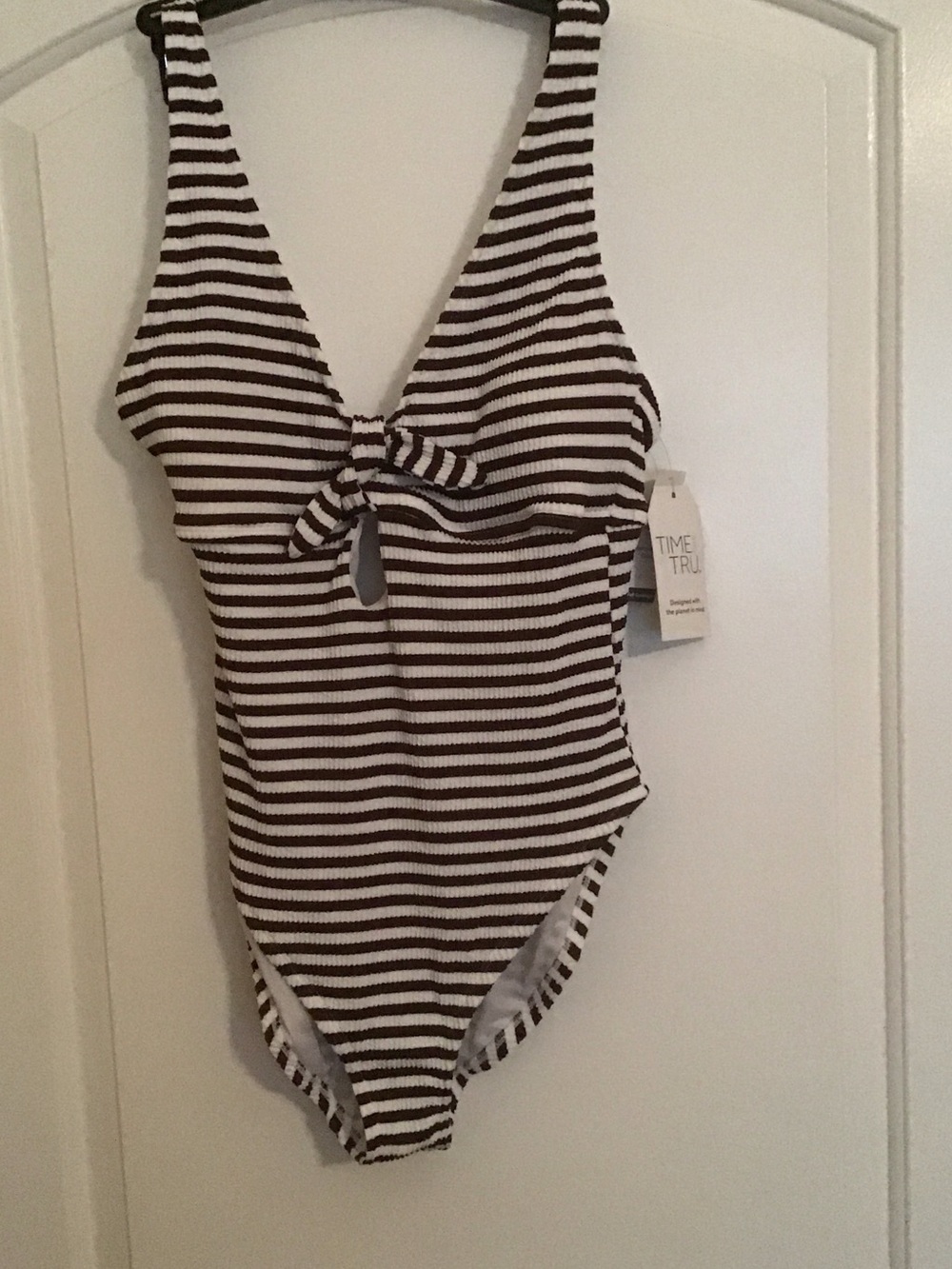 Time and Tru Brown & White Striped One-Piece Swimsuit with Front Knot